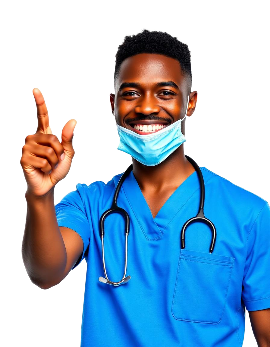 Healthcare student in scrubs pointing to a curated stream of information